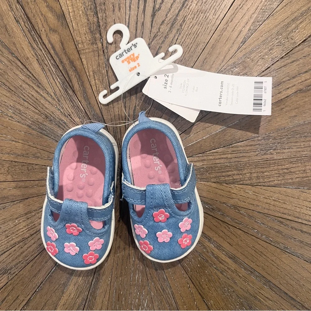 NWT Carter’s Baby Every Step First Walker Floral Denim Sneakers Spring Sz 2 3-6M